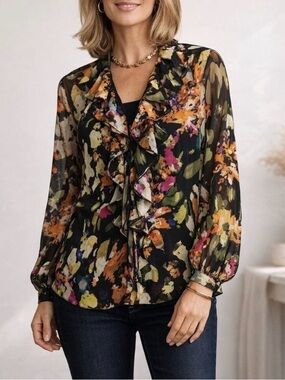 CAbi Black Floral Ruffle Front Sheer Blouse Size Large Romantic